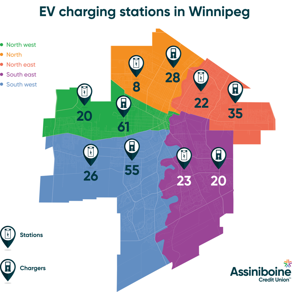 Map  of EV charging stations in winnipeg