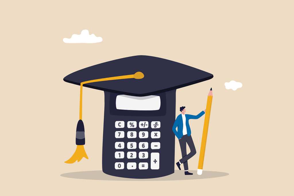 Life-size calculator wearing a graduation hat, a student leaning against it holding a life size pencil