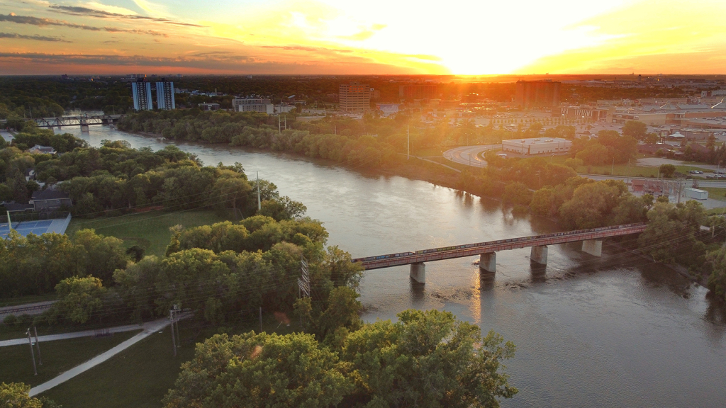 Aerial view on winnipeg west by the river near Polo Park shopping mall