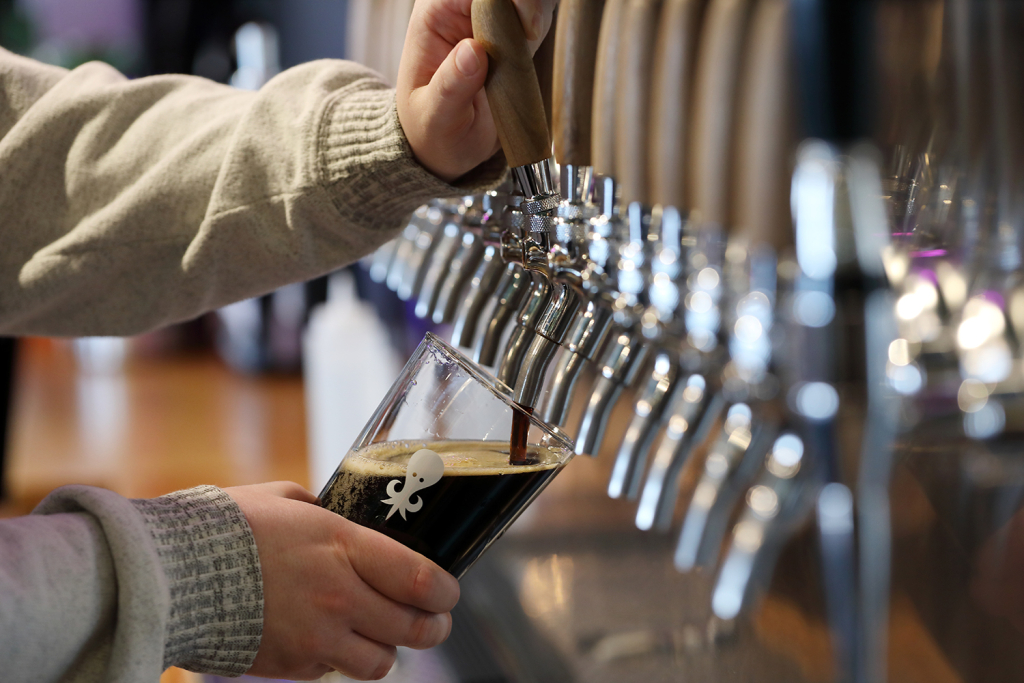 A bartender pours a pint of beer from the tap.